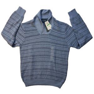 Perry Ellis Men's Sweater Sz Large Marled Shawl Striped Heather Blue Monaco $78